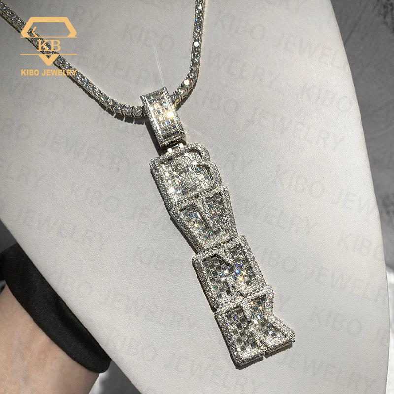 Custom VVS Baguette Moissanite Vertical 925 Sterling Silver Pendant