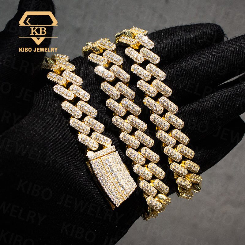 Hip hop 15mm women 925 silver moissanite clustered cuban link chain