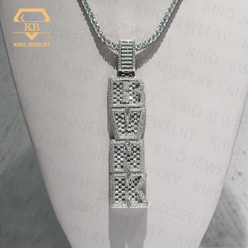 Custom VVS Baguette Moissanite Vertical 925 Sterling Silver Pendant