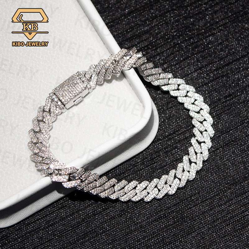 Iced Out Hiphop Men 8mm Sterling Silver moissanite cuban link chain bracelet