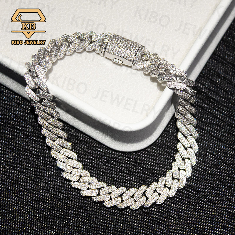 Iced Out Hiphop Men 8mm Sterling Silver moissanite cuban link chain bracelet