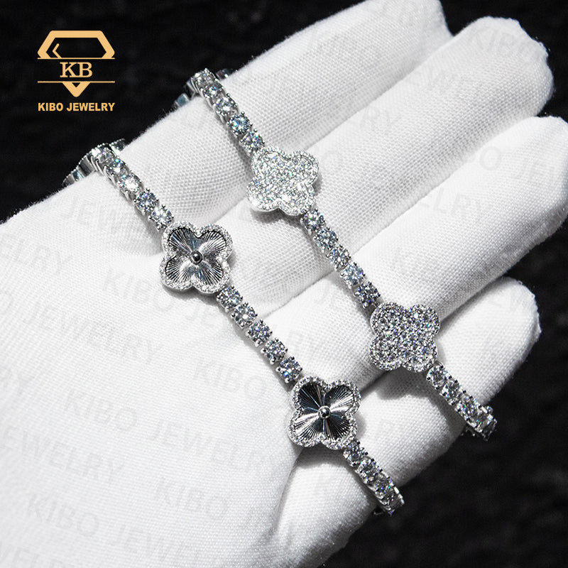 Iced Out Hip Hop 925 Silver Sterling VVS Tennis Bracelet Clover Moissanite Necklace Chian