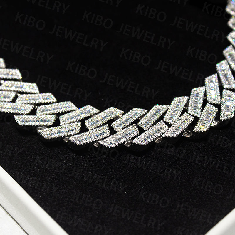 925 Sterling Silver Iced Out Baguette Moissanite Diamond Cuban Link Chain