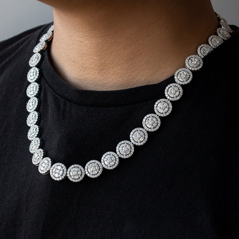 Hip Hop Chain Iced Out 13mm Round Baguette Moissanite Cluster Tennis Chain Necklace