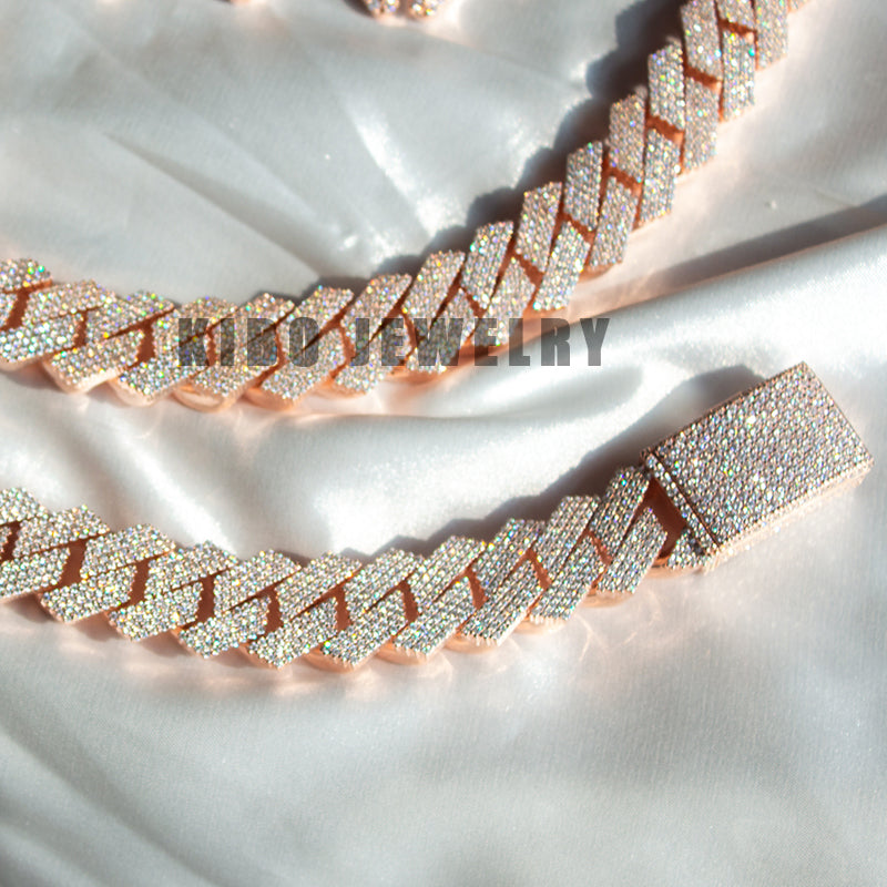 18mm Hip Hop Vvs Moissanite Diamond 925 Silver Rose Gold Plated Cuban Link Chain Set