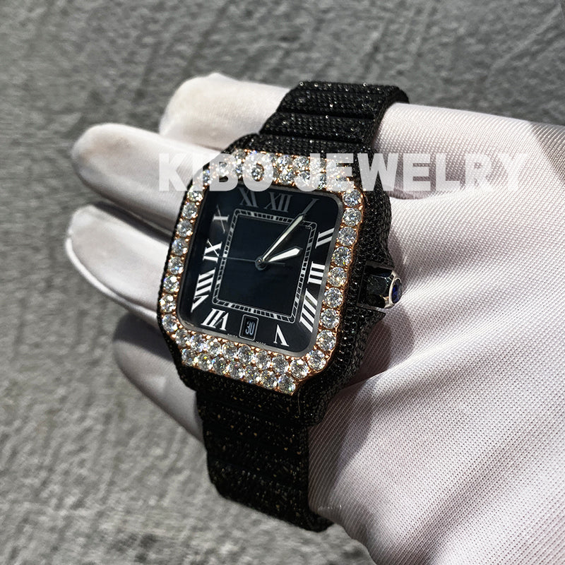 Rapper Iced Out Two Tone Full Diamond Watch VVS Black Moissanite Hip Hop Watch