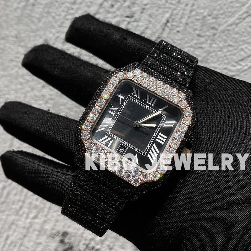 Rapper Iced Out Two Tone Full Diamond Watch VVS Black Moissanite Hip Hop Watch