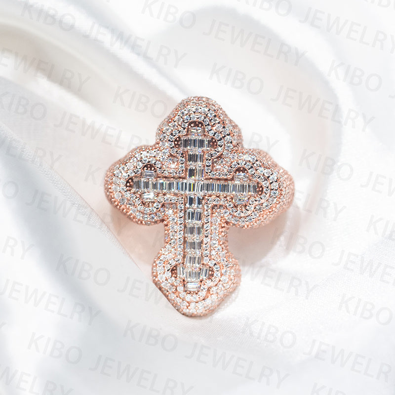 S925 Rose Gold Plated Cross Design Hip Hop Iced Out VVS Baguette Moissanite Ring