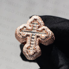 S925 Rose Gold Plated Cross Design Hip Hop Iced Out VVS Baguette Moissanite Ring