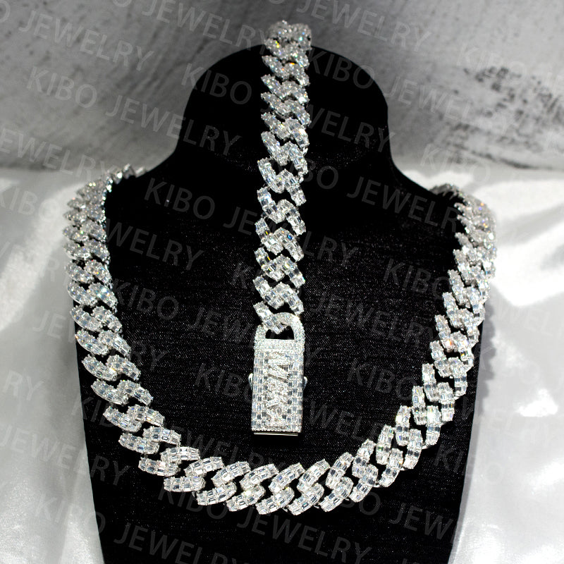 Hiphop Moissanite 925 Silver Baguette Moissanite Cuban Link Chain