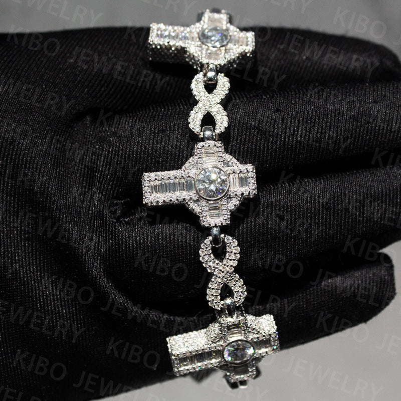 Pass Diamond Tester S925 Silver VVS Baguette Moissanite  Cross Bracelet