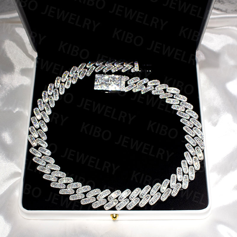 Hip Hop Jewelry 925 Sterling Silver VVS Baguette Moissanite 20mm Cuban Link Chains