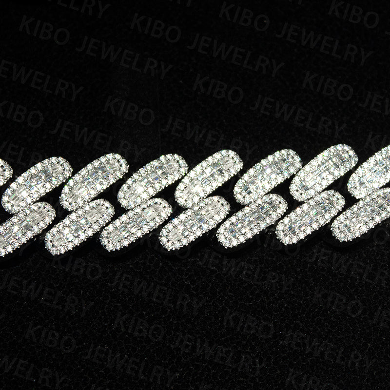 Hip Hop 20mm 925 Silver Baguette Moissanite Cuban Link Chain Necklace