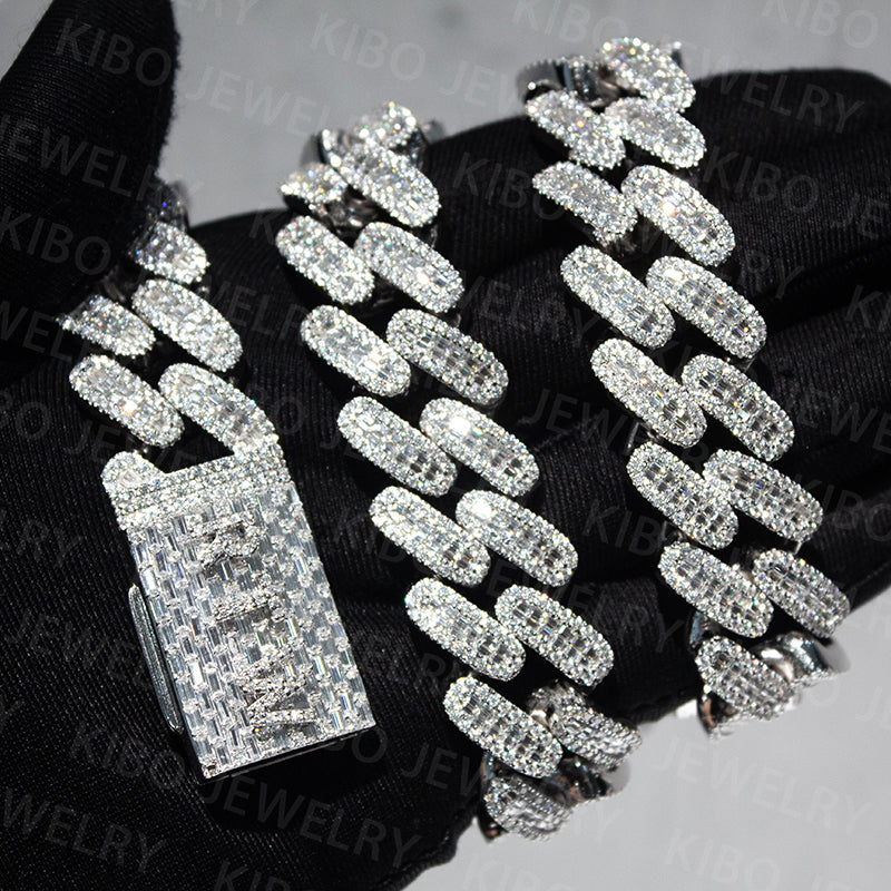 Hip Hop 20mm 925 Silver Baguette Moissanite Cuban Link Chain Necklace