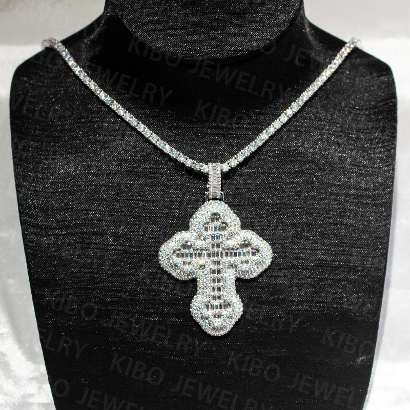 iced out jewelry 925 sterling silver cross baguette moissanite diamond hip hop pendant