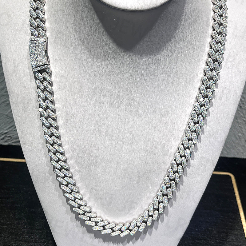 Ice Out Silver 15MM Clustered Moissanite Cuban Link Chain Best Rapper Chains