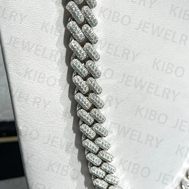 Ice Out Silver 15MM Clustered Moissanite Cuban Link Chain Best Rapper Chains